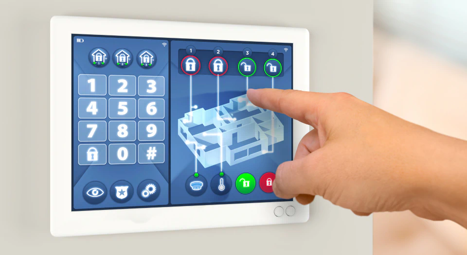 a person navigating through the automated home security control panel